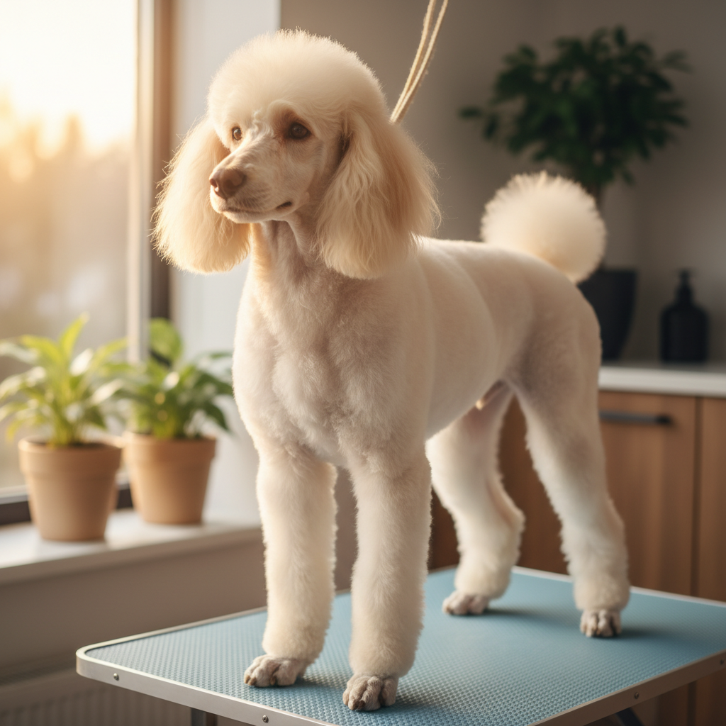 Golden retriever freshly groomed with fluffy clean coat, bright studio lighting