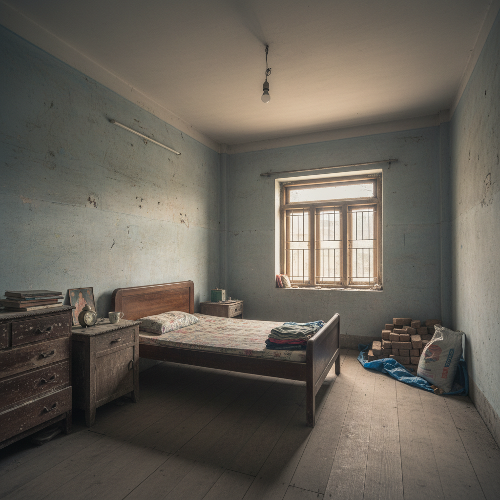 Simple bedroom in Patan before complete makeover with outdated furniture