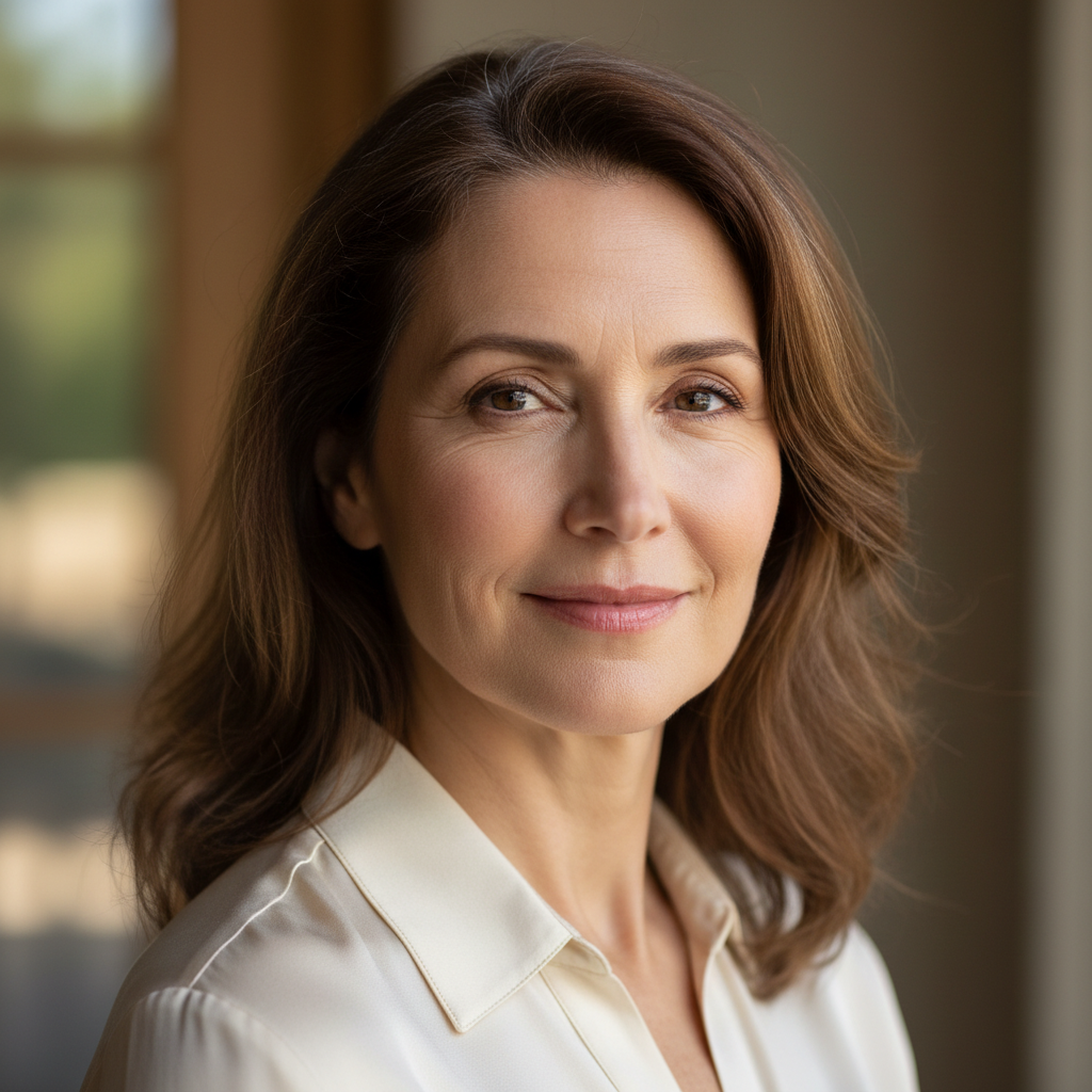 Person with natural look, warm natural light, relaxed expression