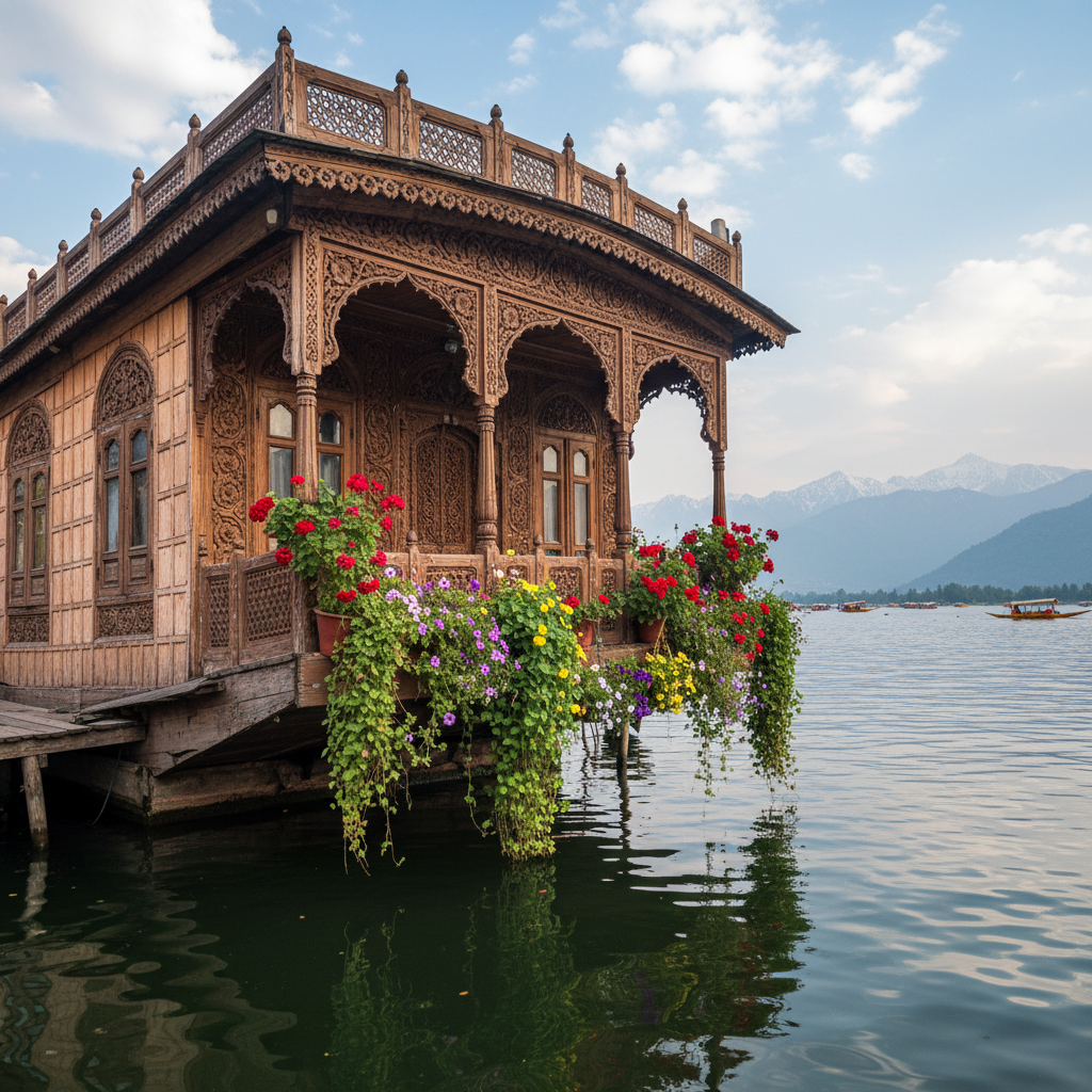 Ornately carved wooden houseboat on Dal Lake with flower garden on deck
