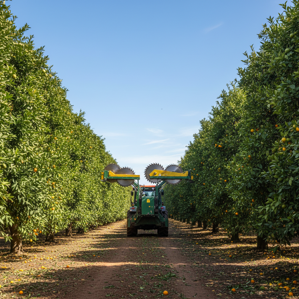 Agricultural hedging machine trimming the sides of citrus tree rows in a Florida commercial grove, creating organized row structure