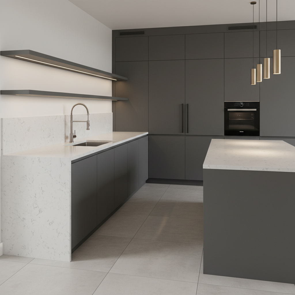 Dark matte black kitchen with gold hardware and quartz countertop