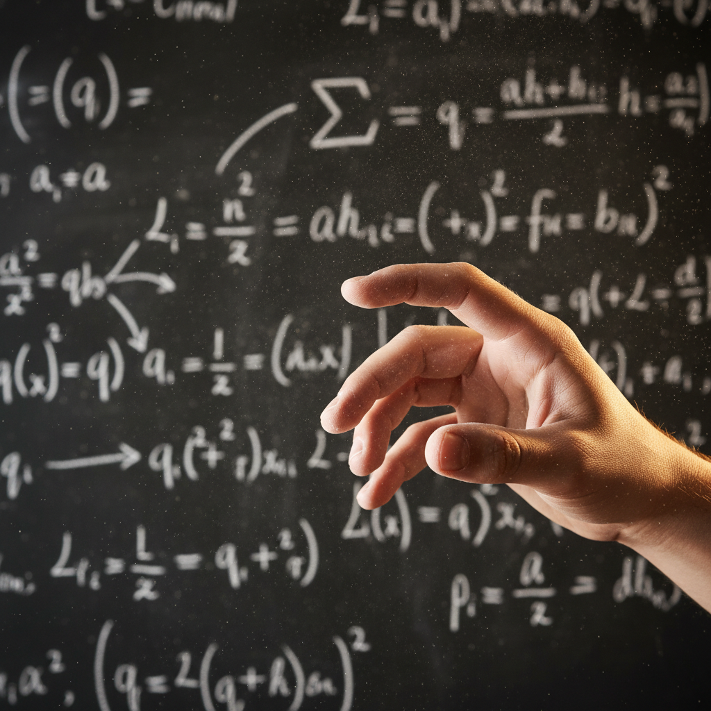 Physicist's hand mid-gesture in front of a blackboard dense with Lagrangian notation, chalk dust visible in tungsten light