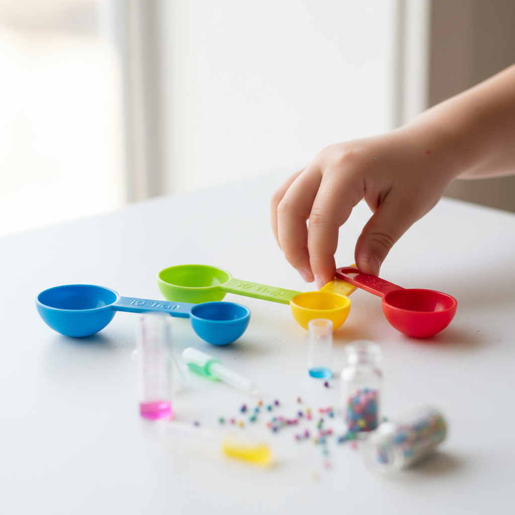 Child's hands arranging colorful measuring spoons and science experiment materials on white surface