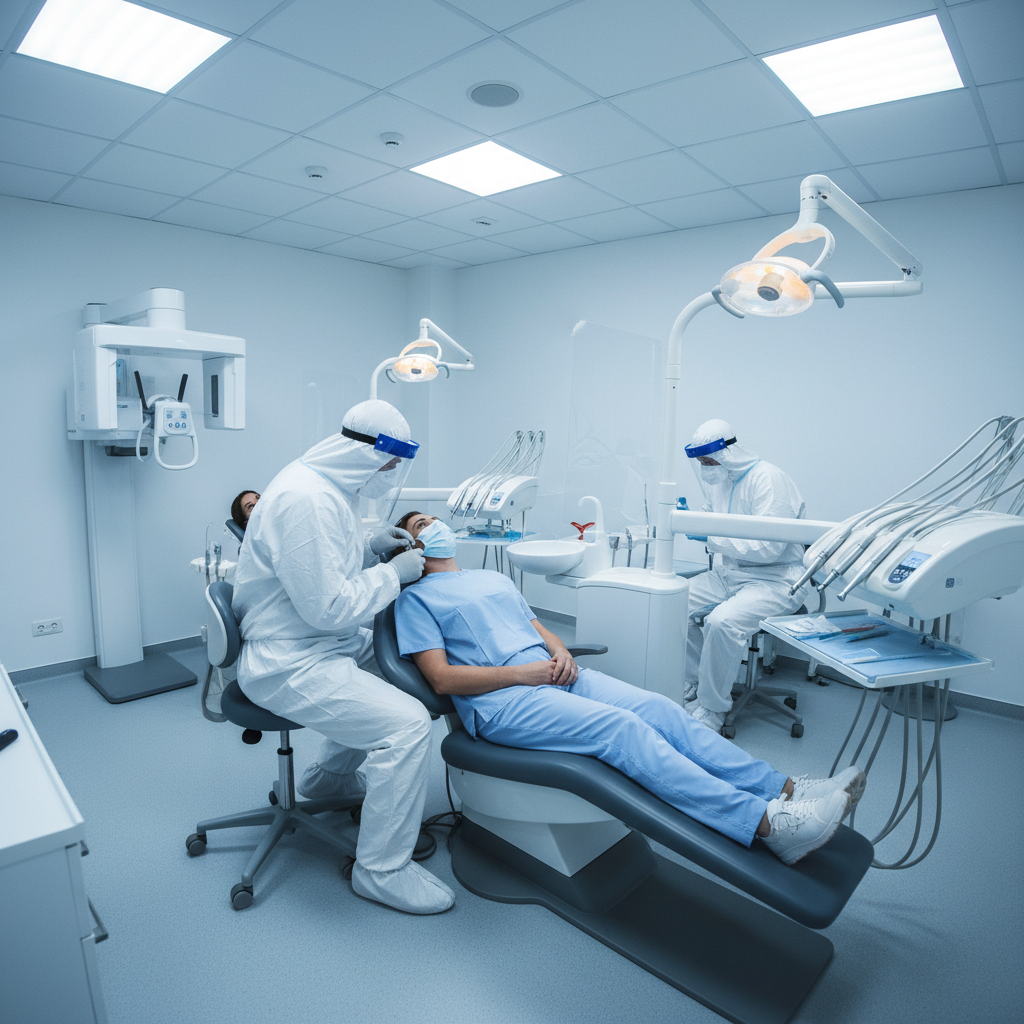 Dental professional in modern clinic ready for emergency patient care with calm reassuring environment
