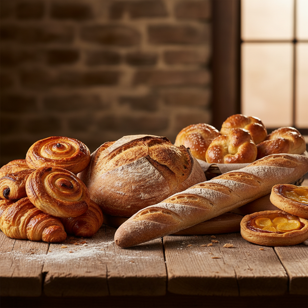 Assorted fresh croissants and pastries in wicker bread basket on rustic table