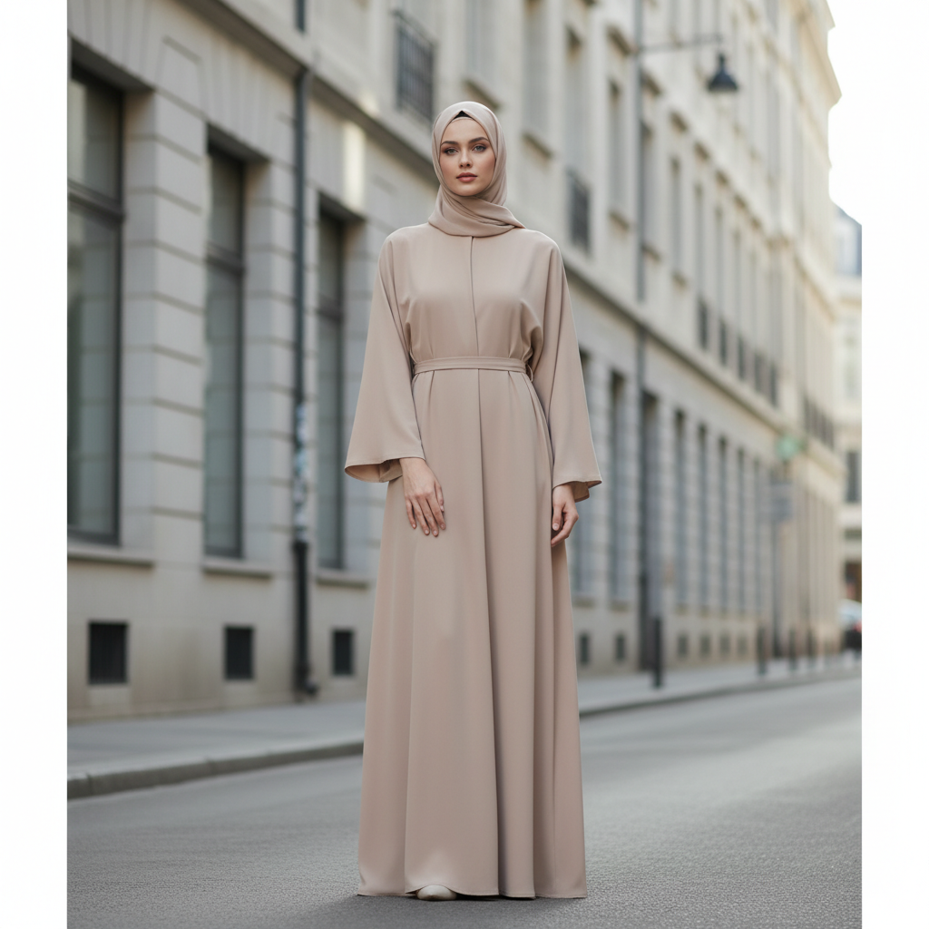 Modern minimalist abaya in neutral tones against clean European urban architecture
