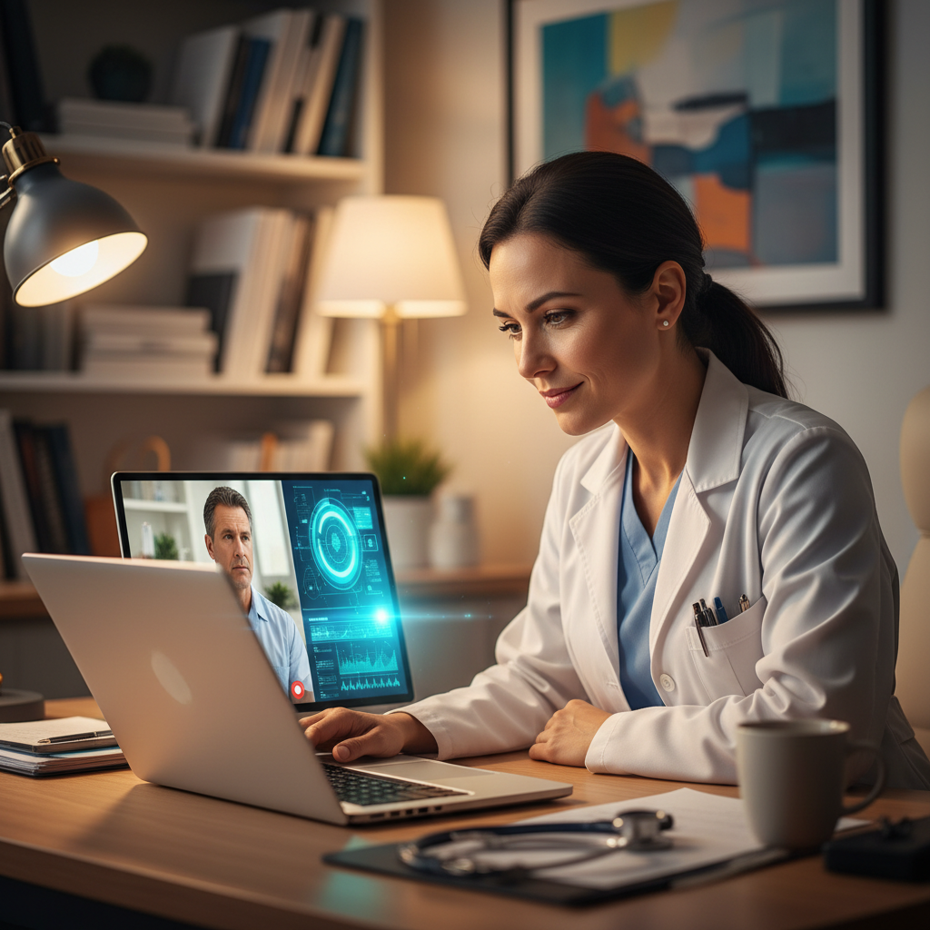 Doctor on a video call with patient, professional setting, warm ambient light
