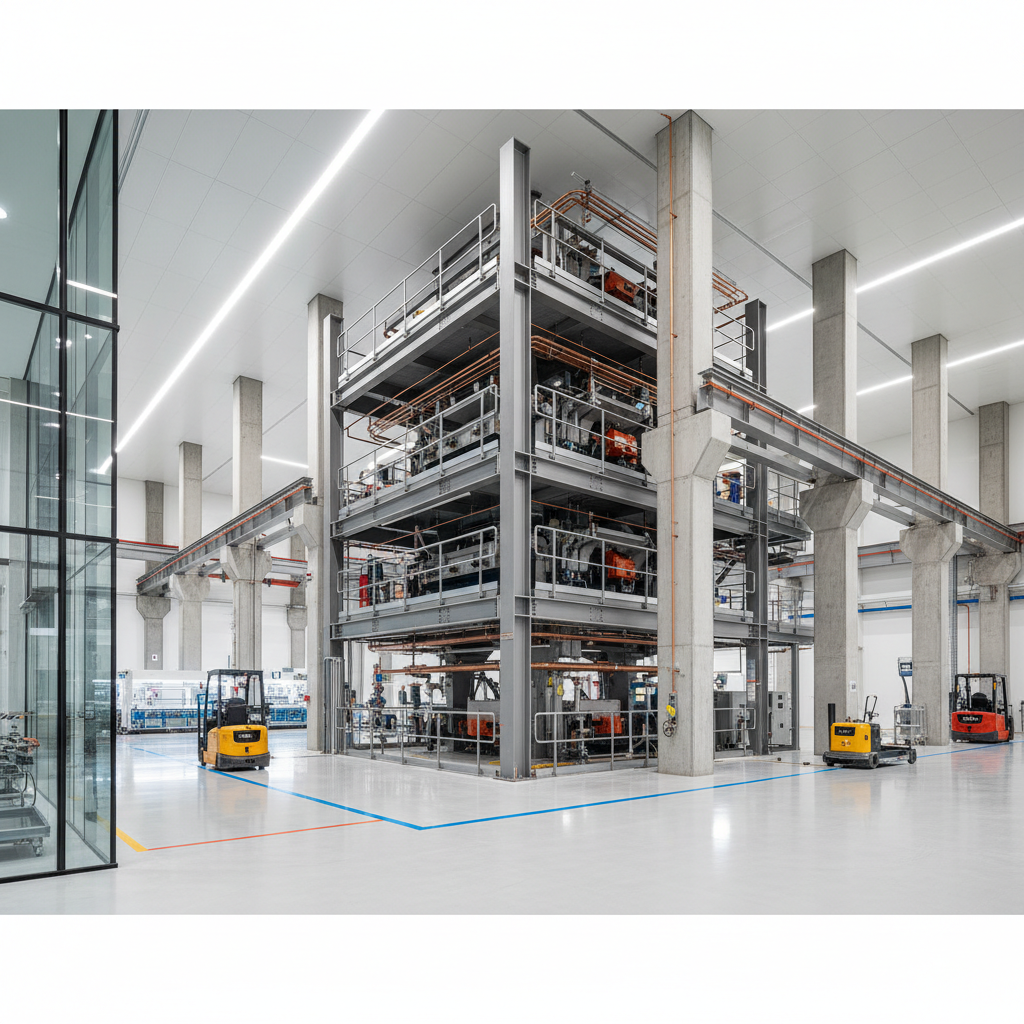 Interior of large industrial warehouse with high ceilings and concrete floors, bright overhead lighting, clean modern facility