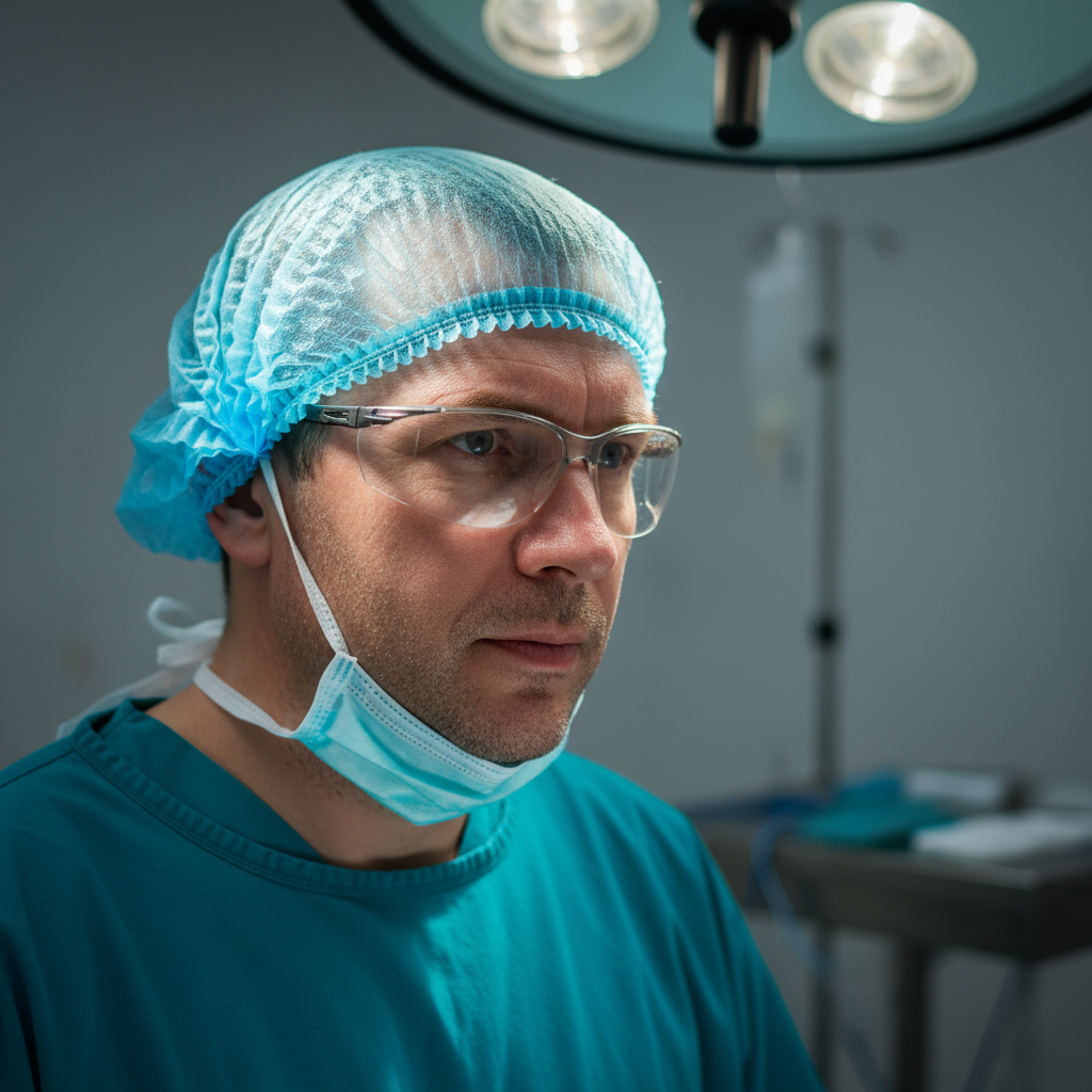 Male veterinary surgeon in operating room attire, calm and focused expression