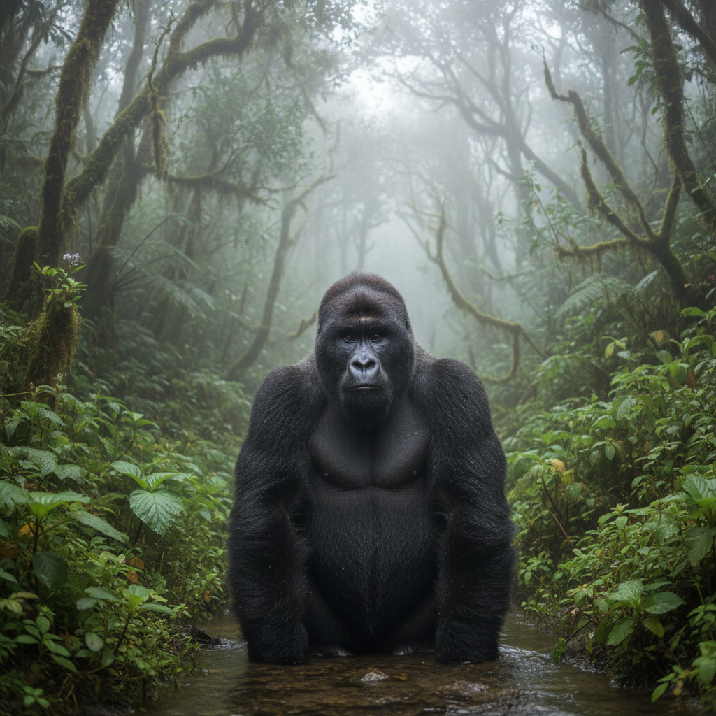Mountain gorilla sitting peacefully in misty forest clearing, direct eye contact