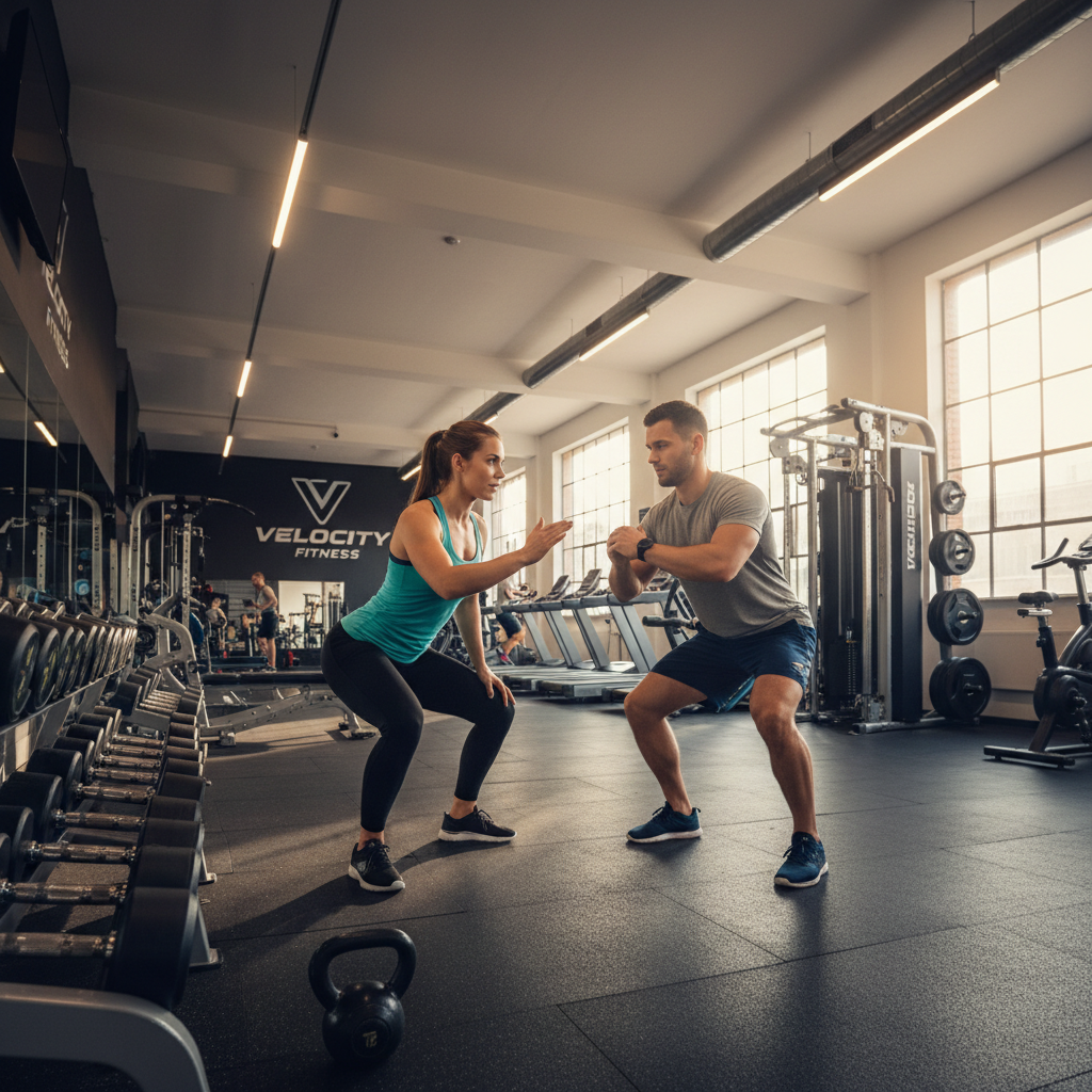 Fitness trainer demonstrating workout exercise in modern gym