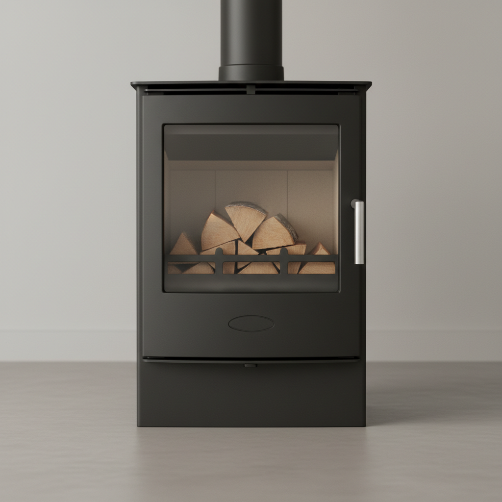 ACR Ashdale SE wood burning stove, contemporary black steel, large glass viewing window