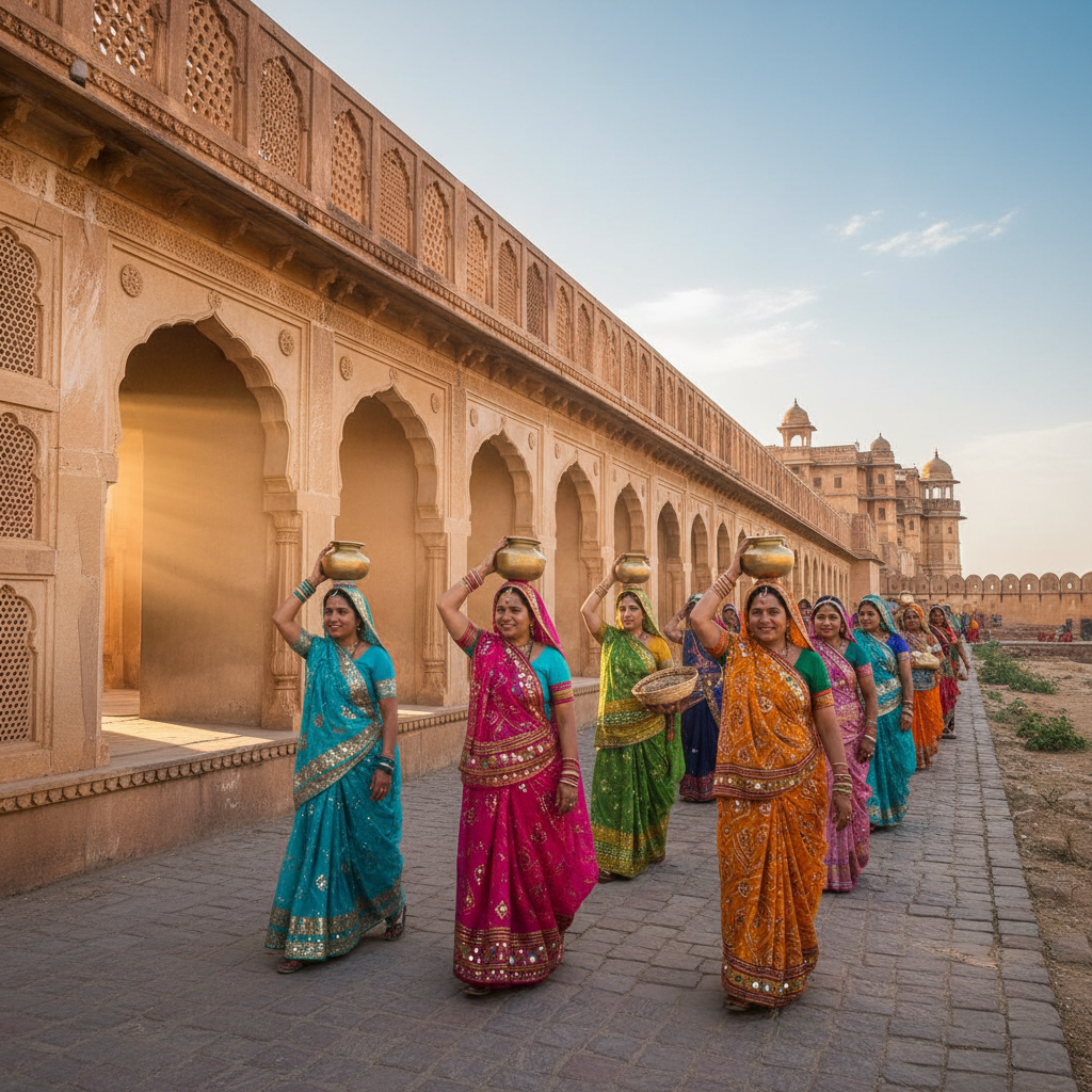 Rajasthani woman in colorful sari walking through ornate palace corridor
