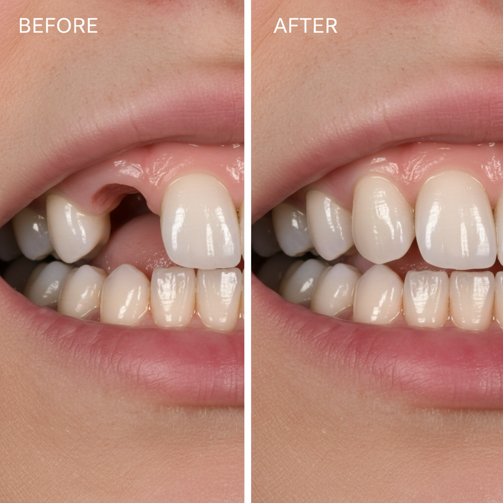 After dental implant showing natural-looking replacement tooth perfectly integrated