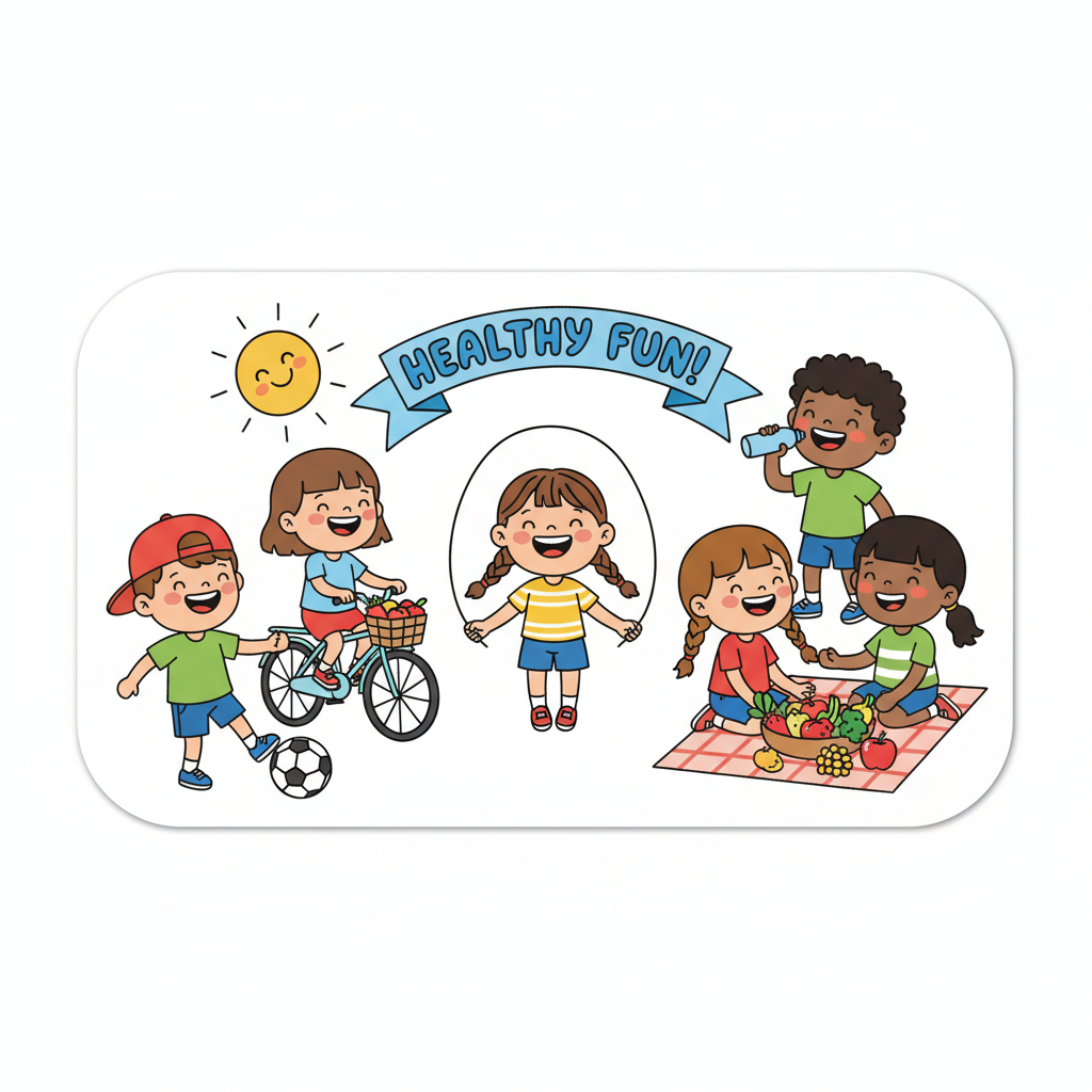 Bright cartoon children brushing teeth, eating vegetables, and exercising