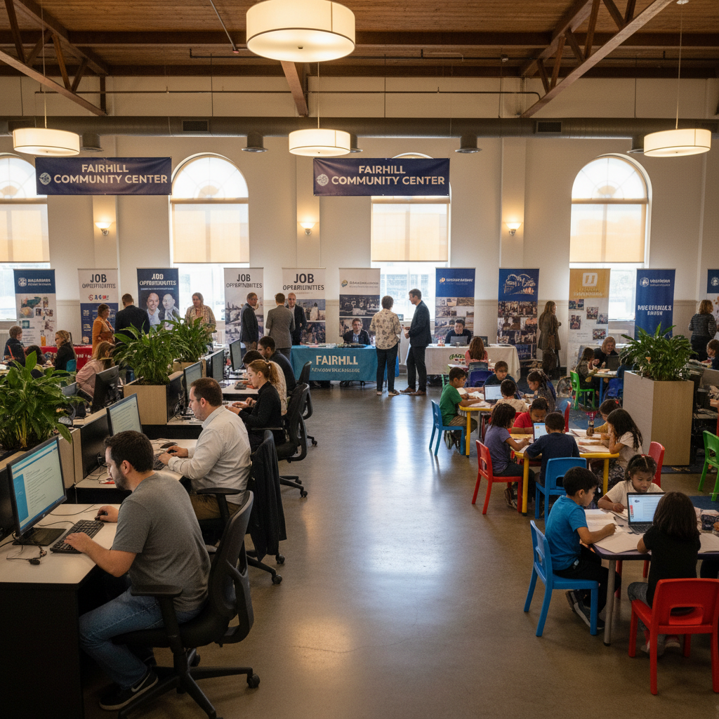 After: Fairhill Community Center — residents using computers, a job fair in progress, children doing homework, warm activity throughout the space