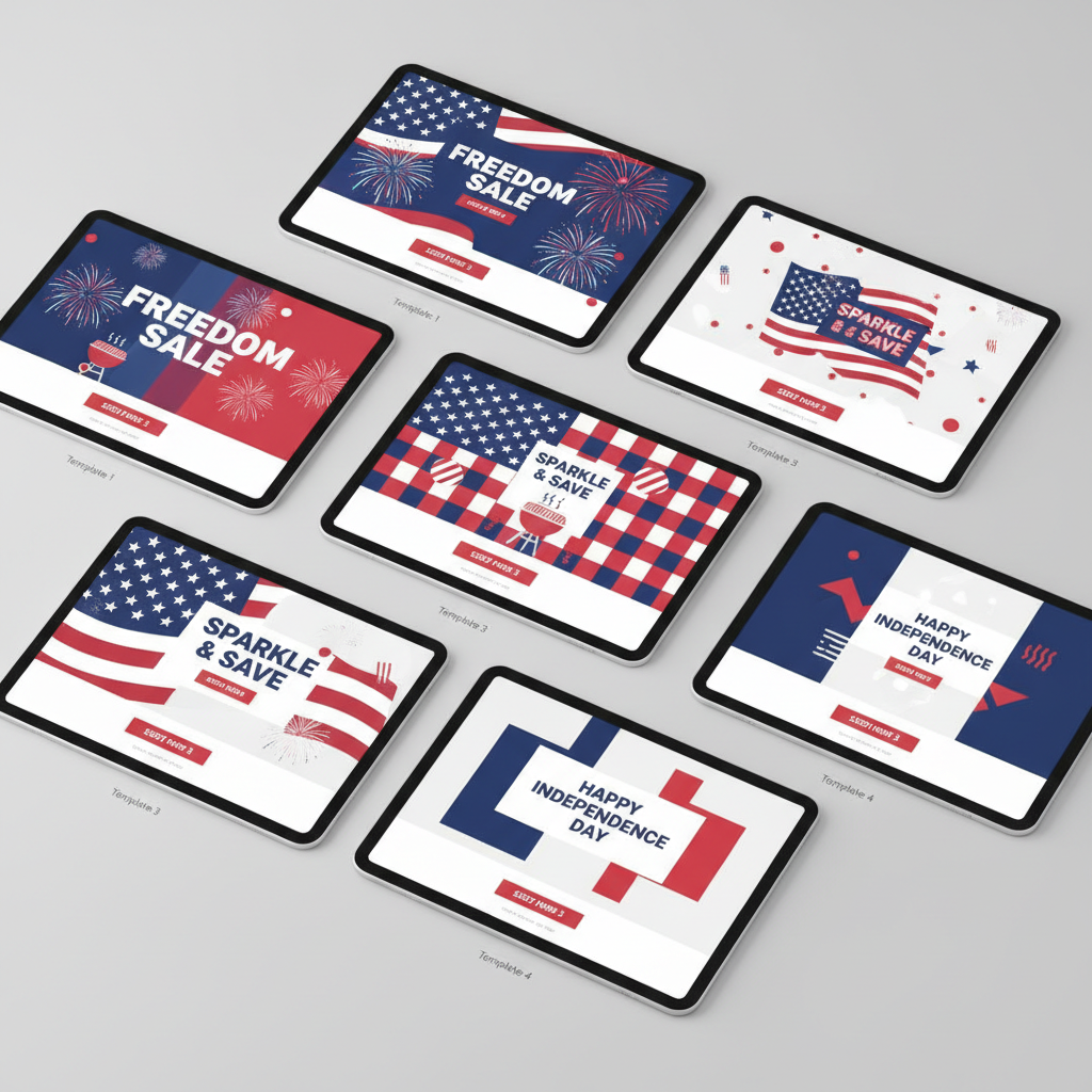 Clean organized design files showing pre-built July 4th email templates with red white and blue color scheme ready to customize