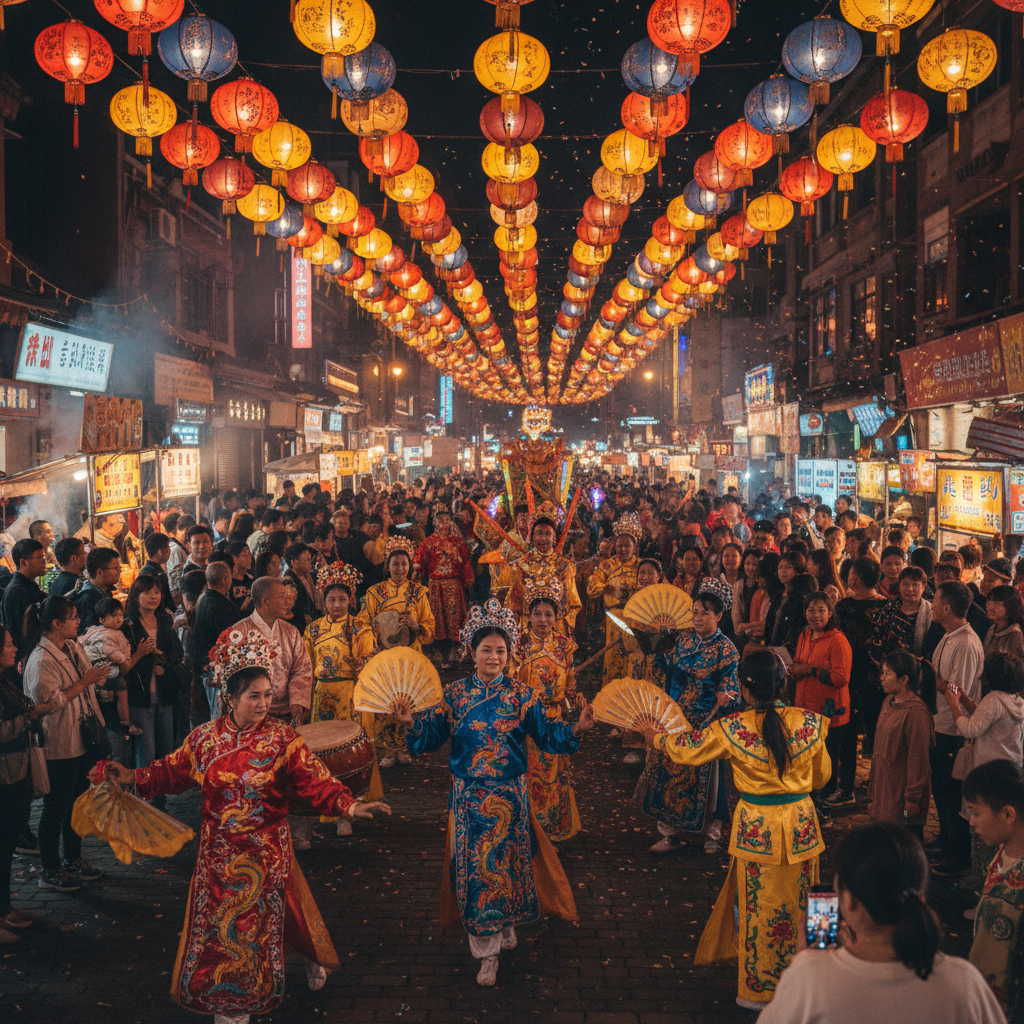 Lantern-lit festival street at night with thousands of attendees and traditional performers