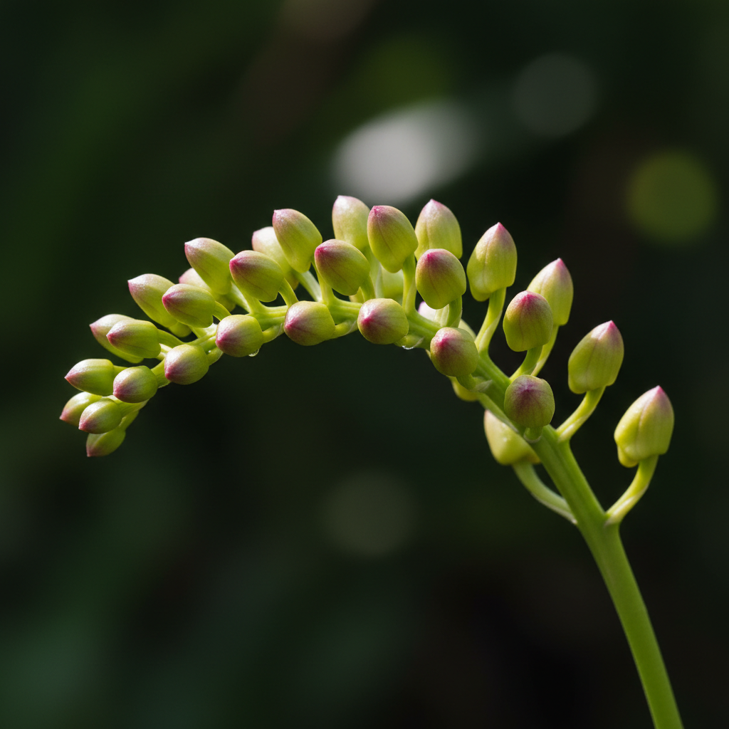 Cluster of tight green orchid buds on a long arching spike, each bud showing the first hint of color at its tip
