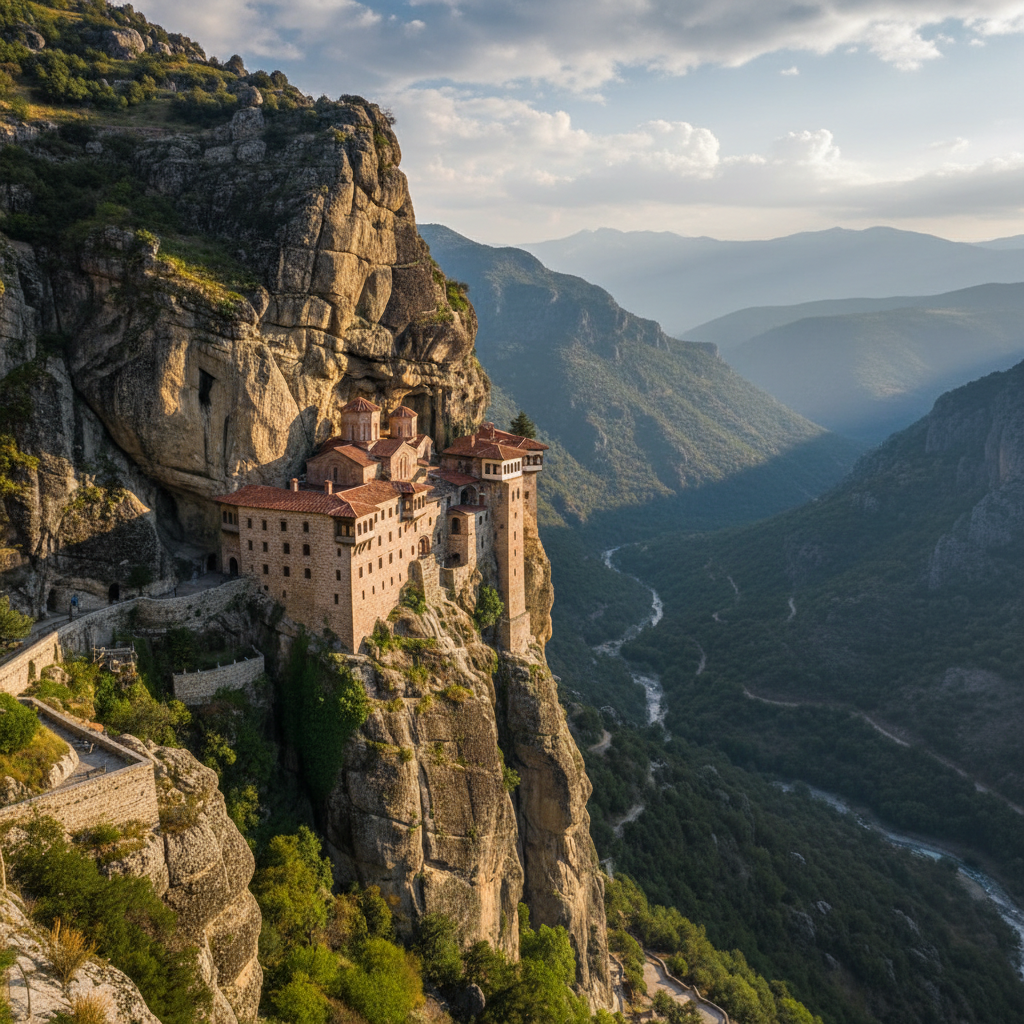Ancient Himalayan monastery on cliffs, misty valley, dark stone, moody overcast sky
