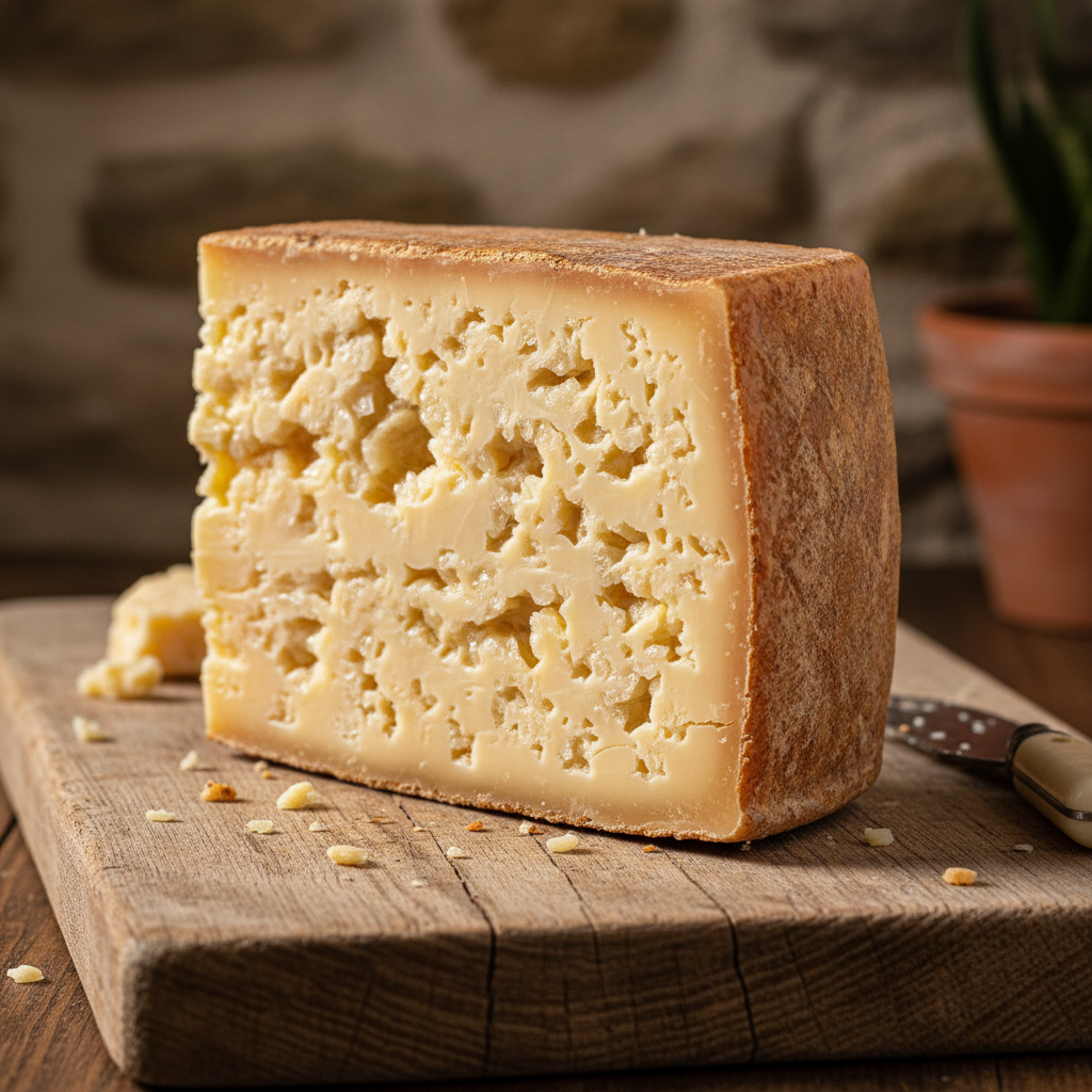 Wedge of aged Comté cheese with crystalline texture on wooden board