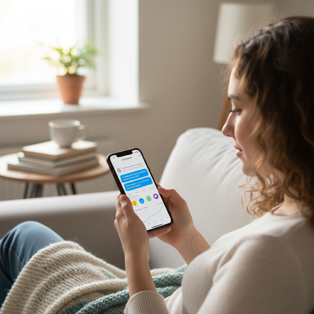 Person using a mental health chatbot app on a smartphone for triage support
