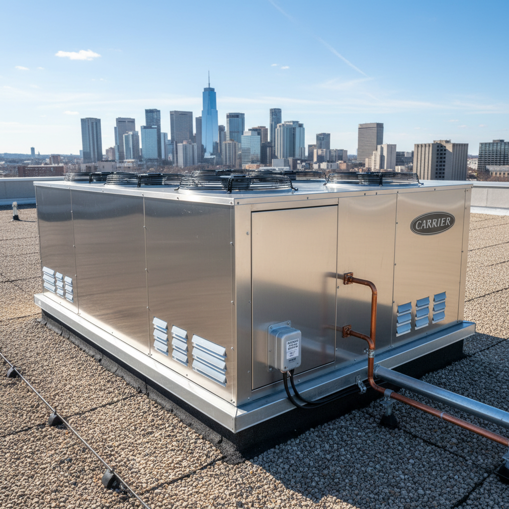 Commercial HVAC rooftop unit running efficiently after capacitor replacement and service