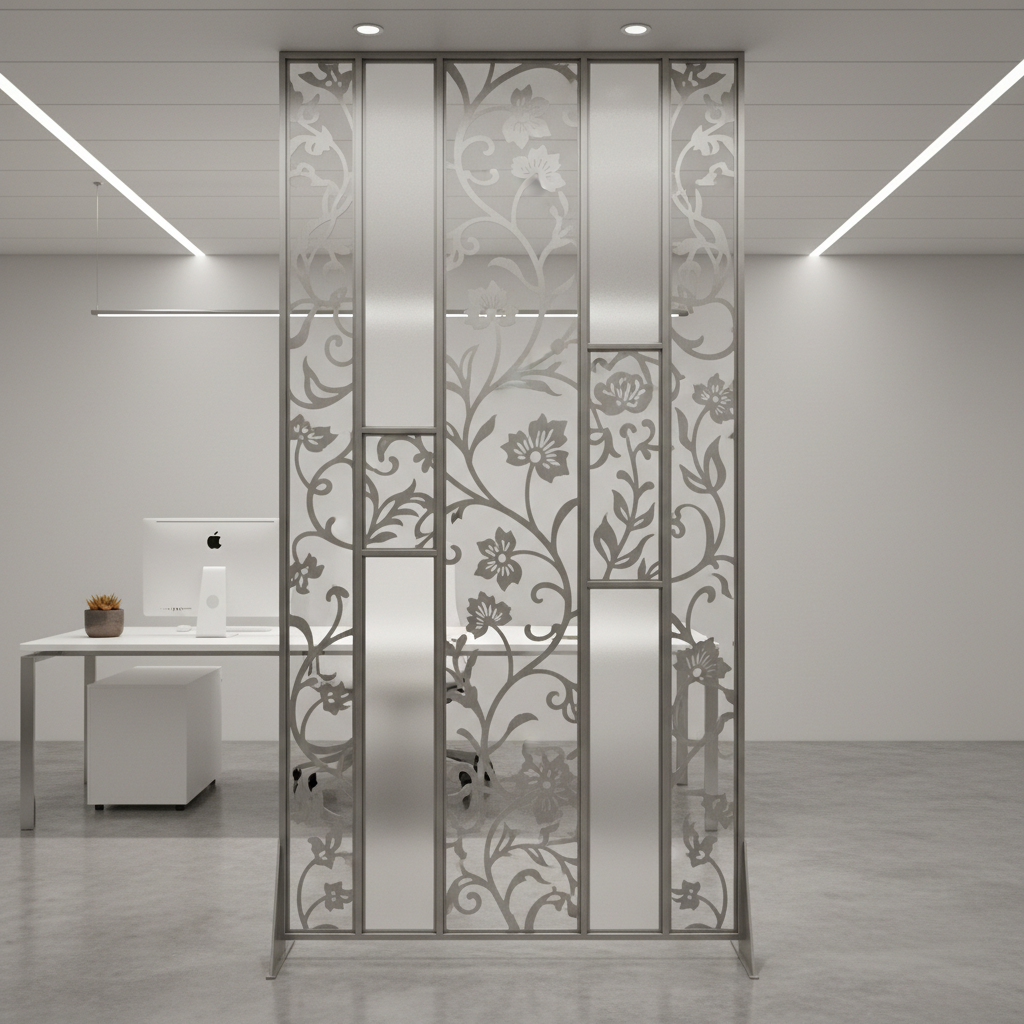 Modern office glass partition with frosted vinyl band pattern, bright commercial interior