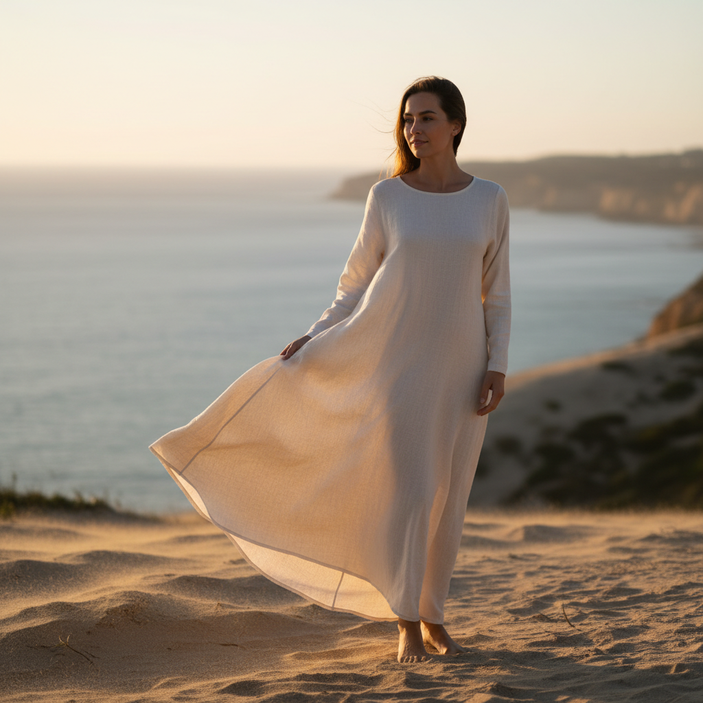 Woman in flowing cream linen dress standing in sunlit room, warm afternoon light casting soft shadows, editorial fashion photography
