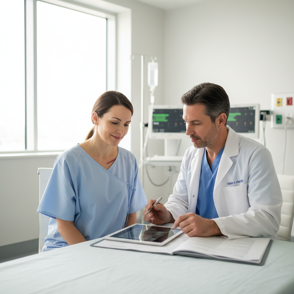 Medical professional checking patient recovery at home in bright clinical setting