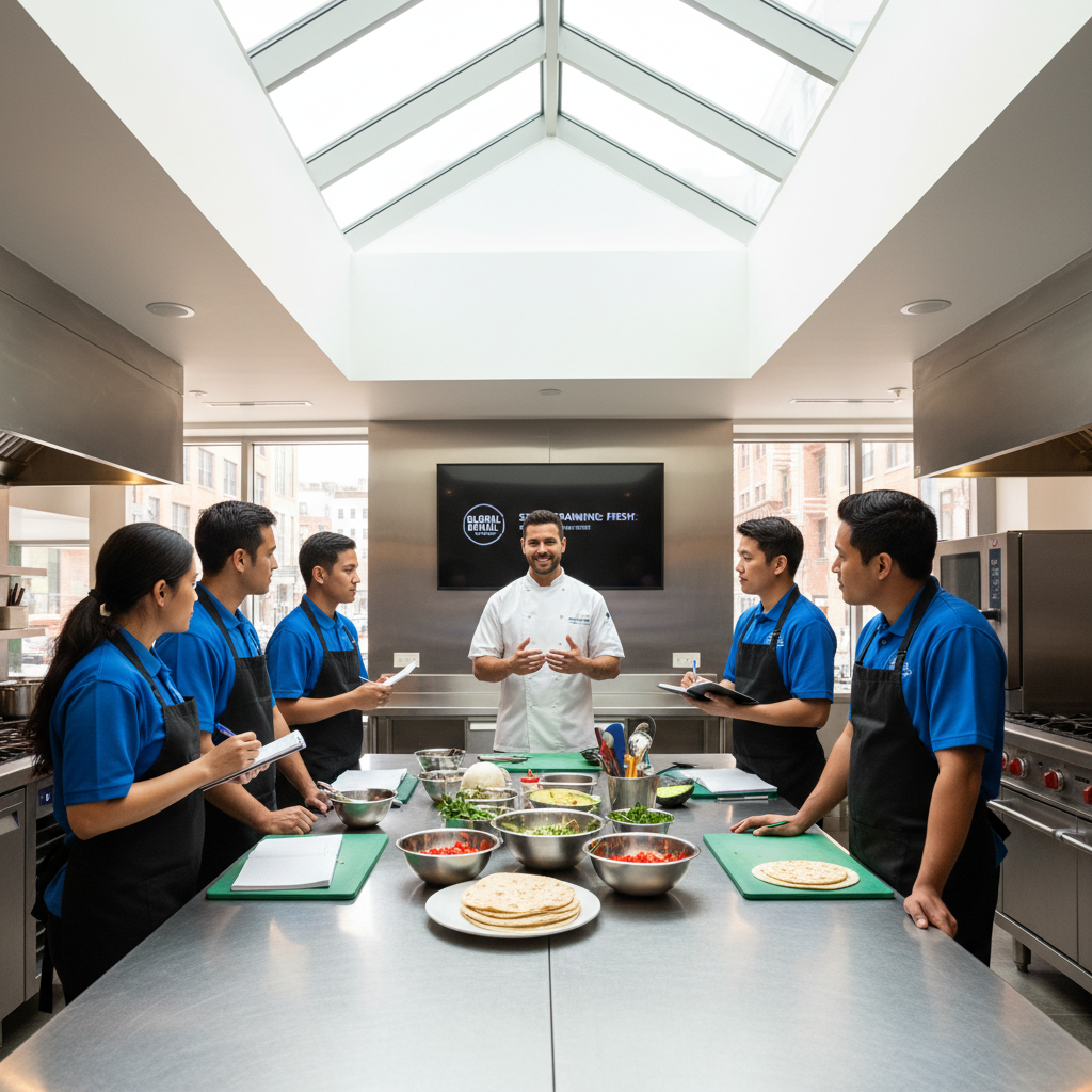 Staff training session with new franchise employees around prep table