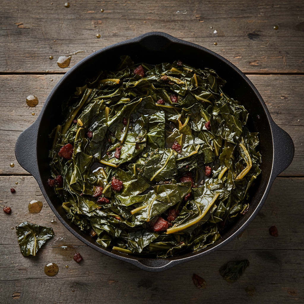 Dark braised collard greens in an iron pot, glistening with oil