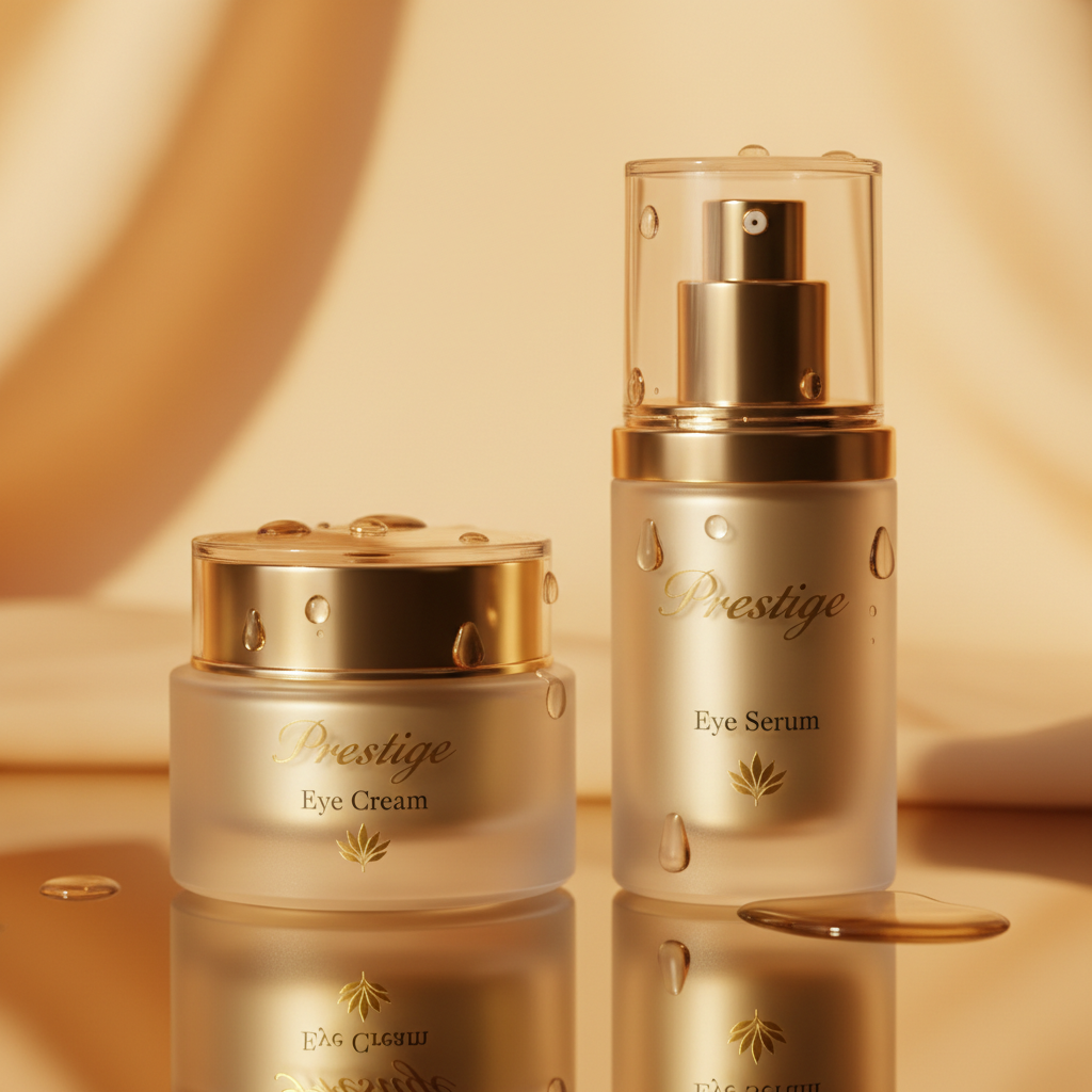 Prestige eye cream and serum bottles in warm golden sunlight