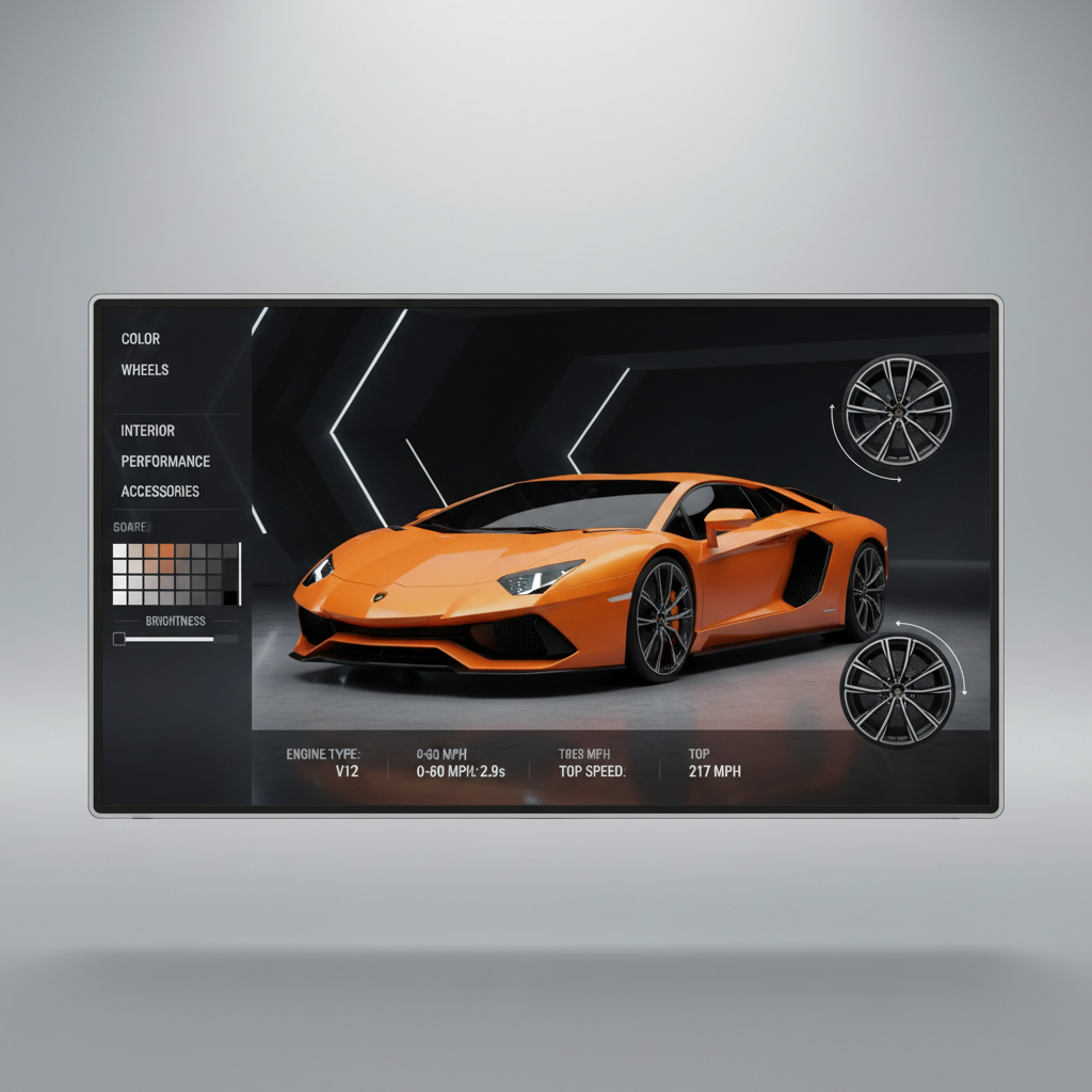 DreamBuild app showing a bright orange Lamborghini build page with modification details