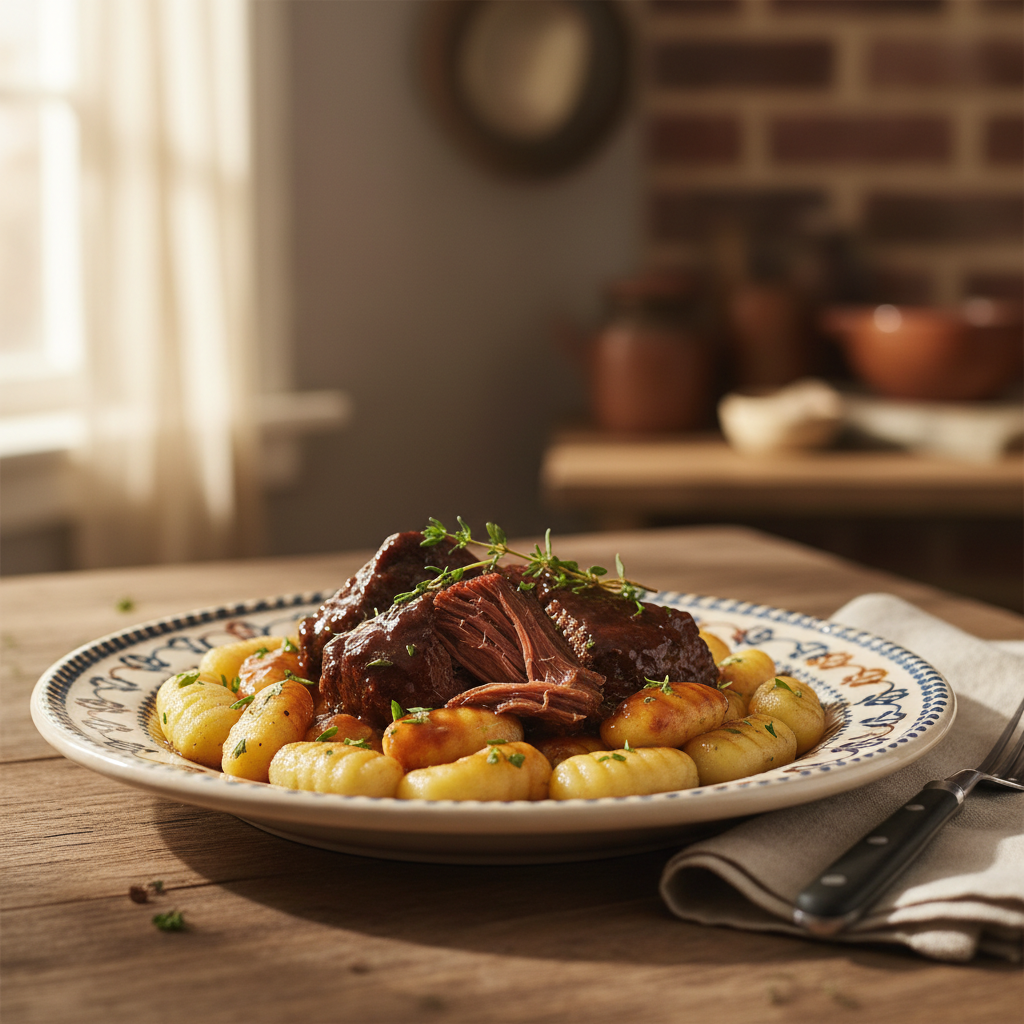 Pappardelle pasta with slow-cooked beef ragu in a copper pan garnished with fresh basil