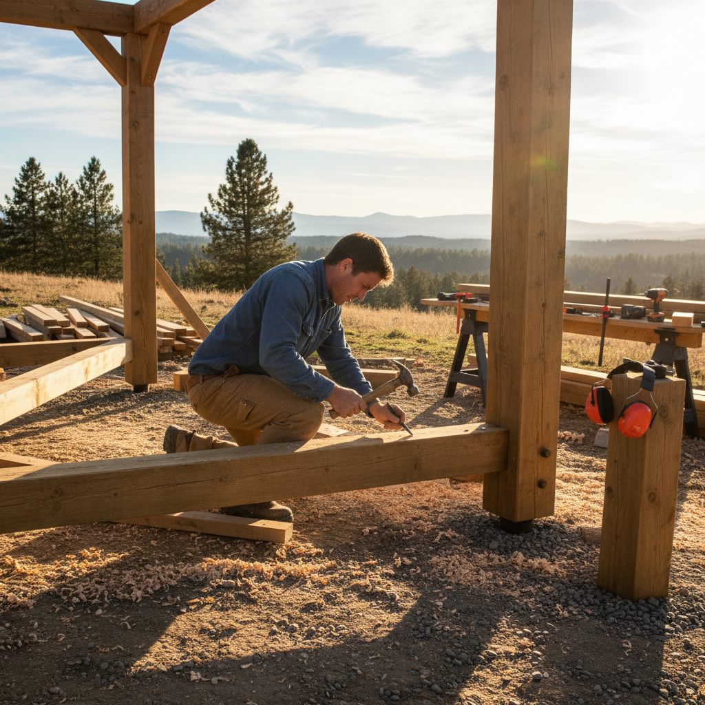 A person in work clothes using hand tools to build a wooden structure outdoors, sawdust on the ground, afternoon sunlight casting long shadows