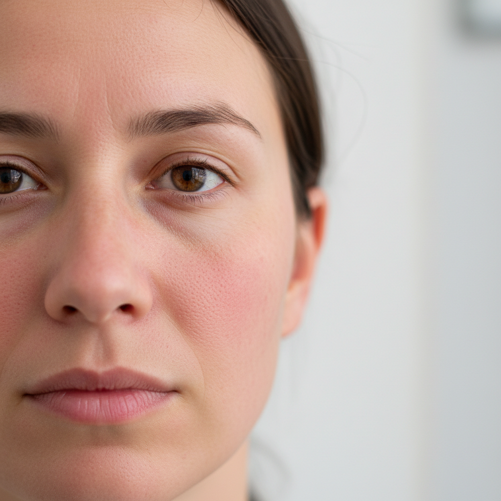 Close-up of smooth facial skin texture, capillary flush visible, day seven post-treatment