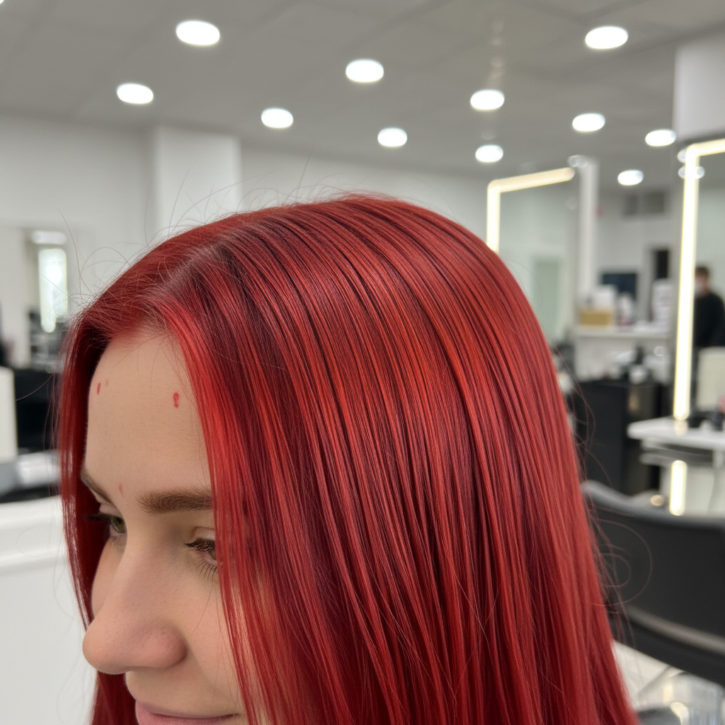 Barevné barvení vlasů, vivid červená, moderní salon