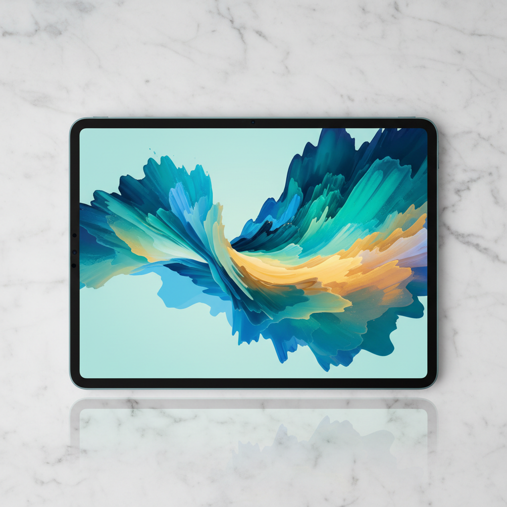 iPad Air with colorful abstract wallpaper on dark background with studio lighting