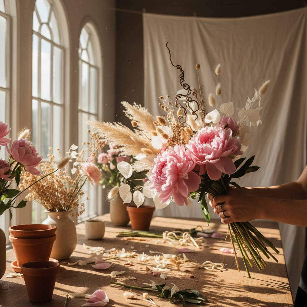 Floral designer arranging fresh white and blush flowers in a bright warm studio