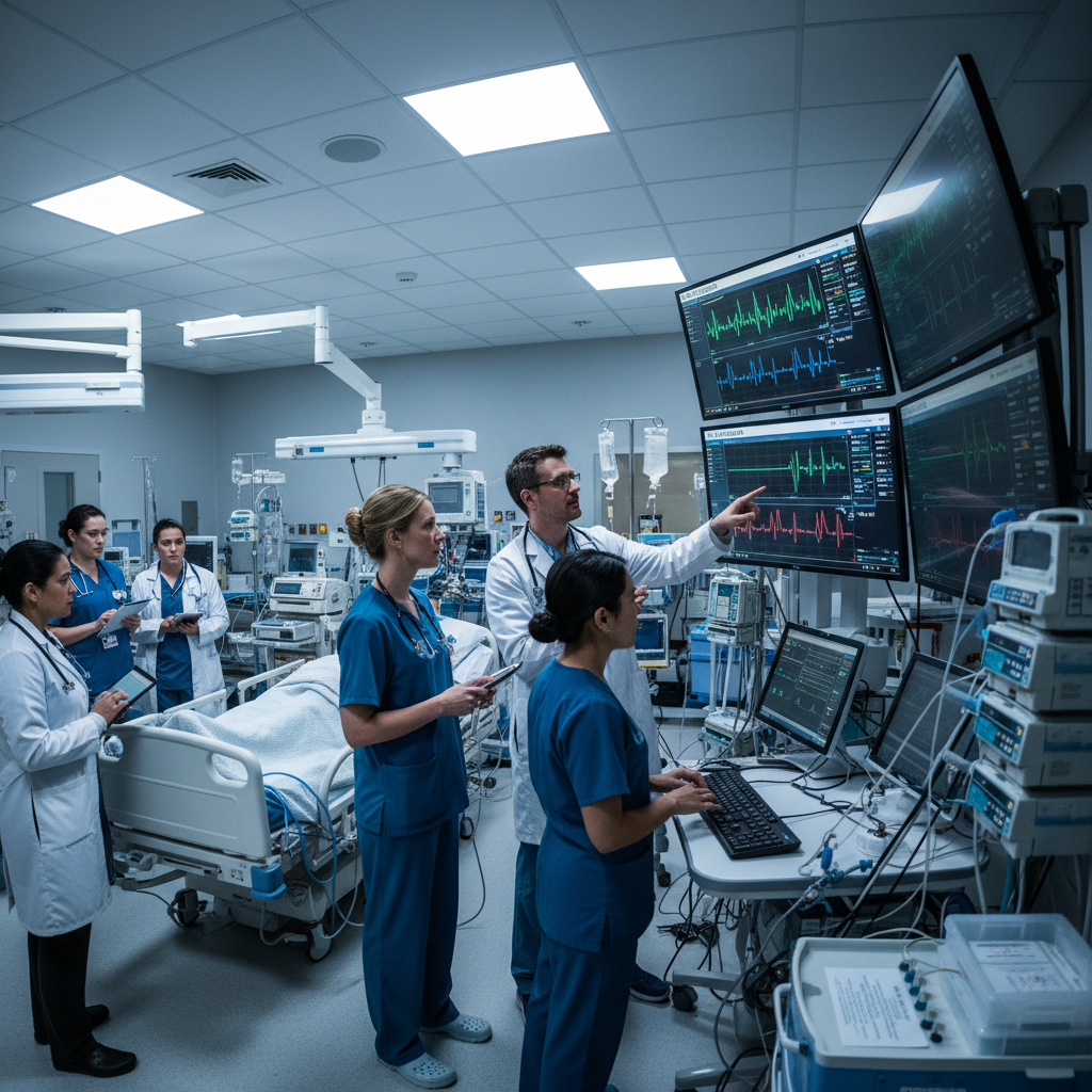 Patient monitoring equipment with multiple screens showing vital signs in a bright ICU room