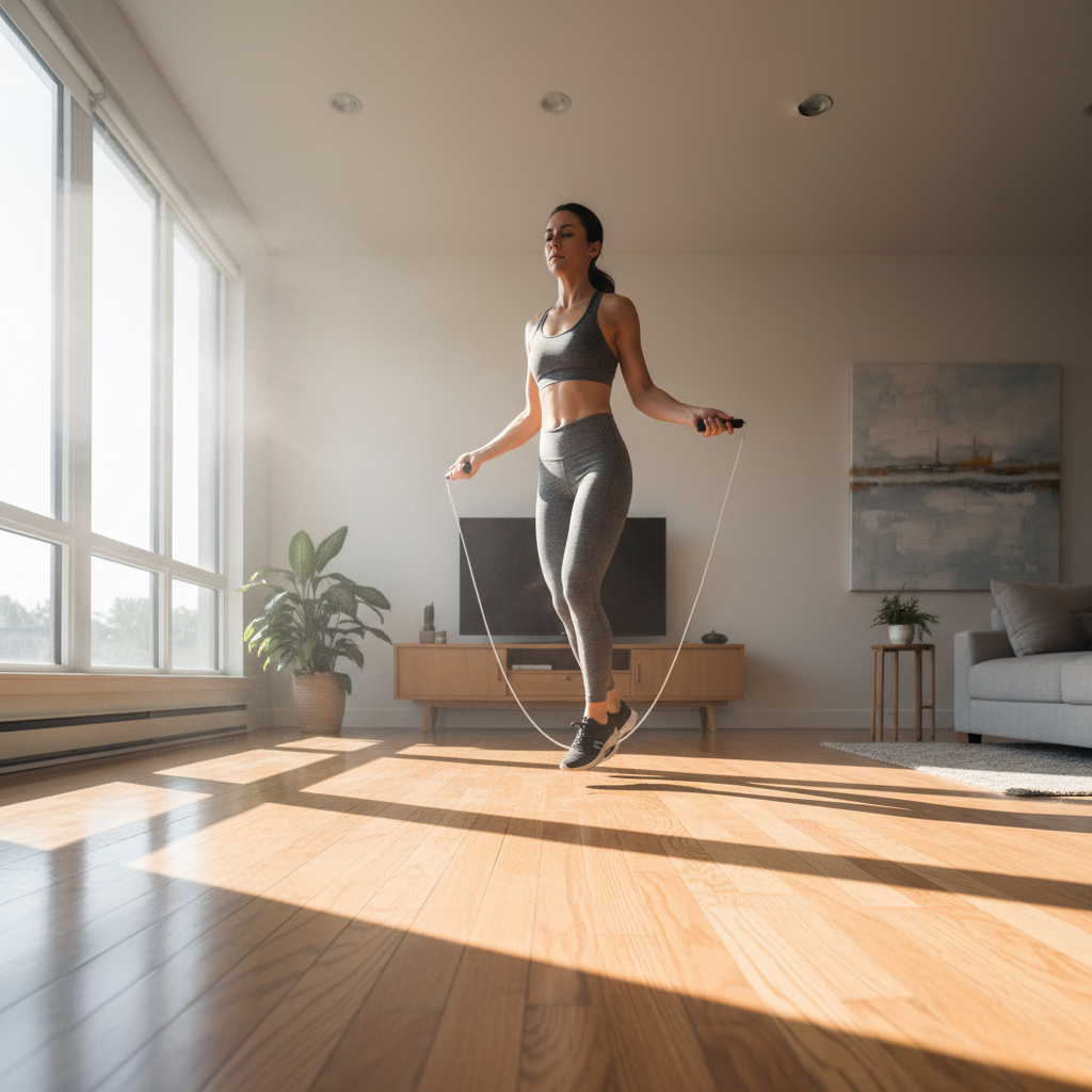 Woman doing cardio workout with jump rope in a bright minimal space
