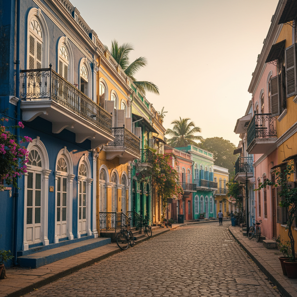 French colonial architecture on a colorful street in Pondicherry with bougainvillea