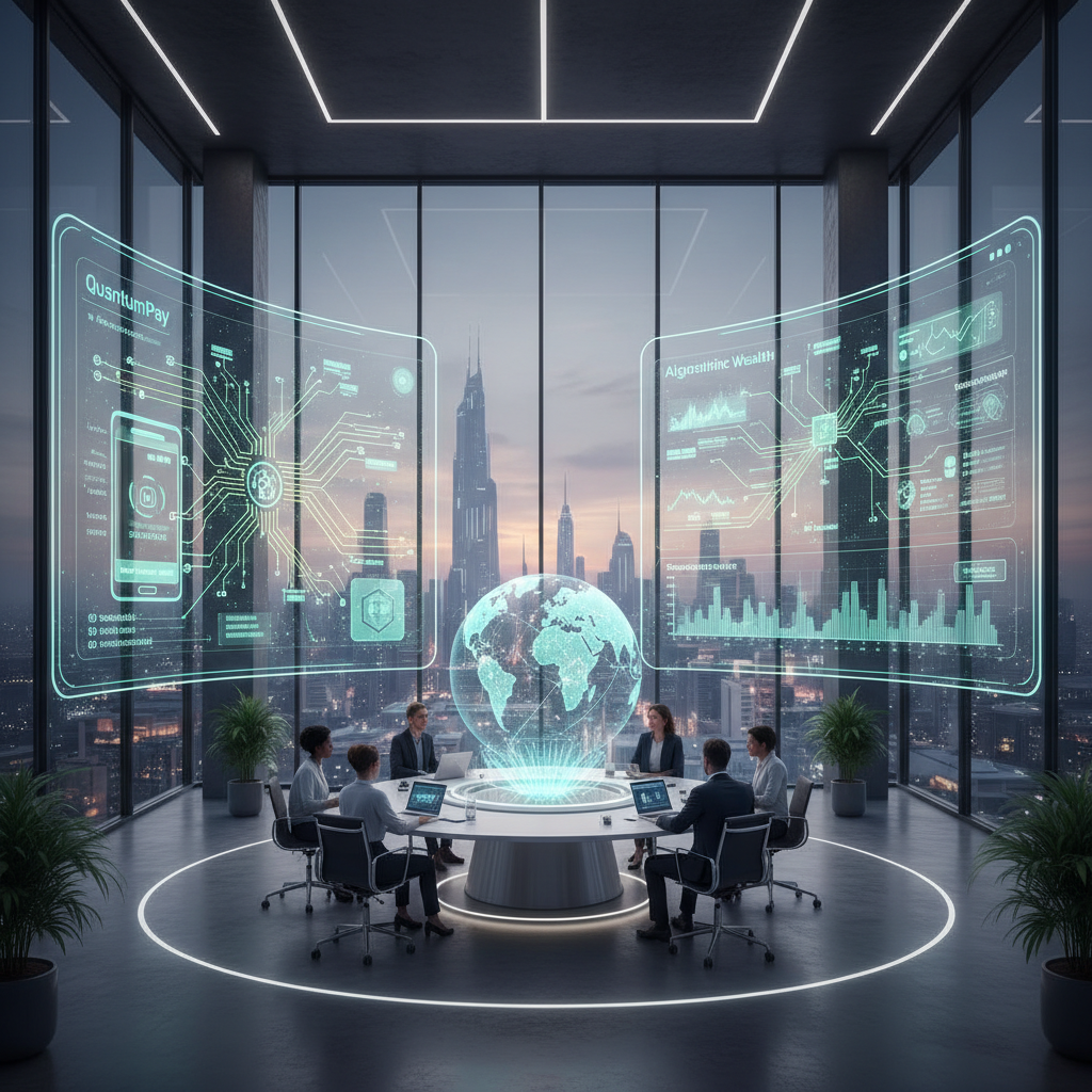 Profesional de fintech usando tecnología de identidad digital en entorno corporativo moderno