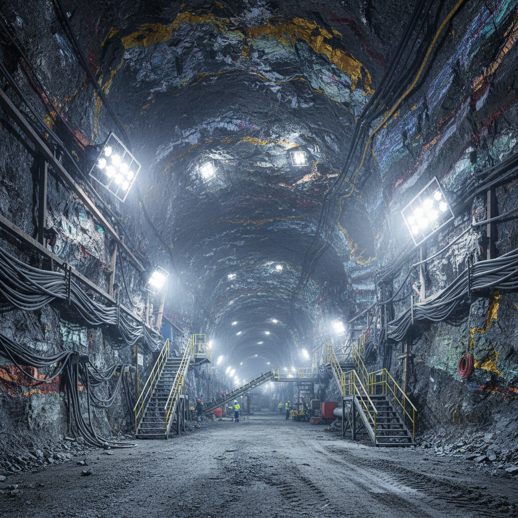 Underground mining tunnel with industrial lighting, dark steel walls, deep shadows, atmospheric industrial environment
