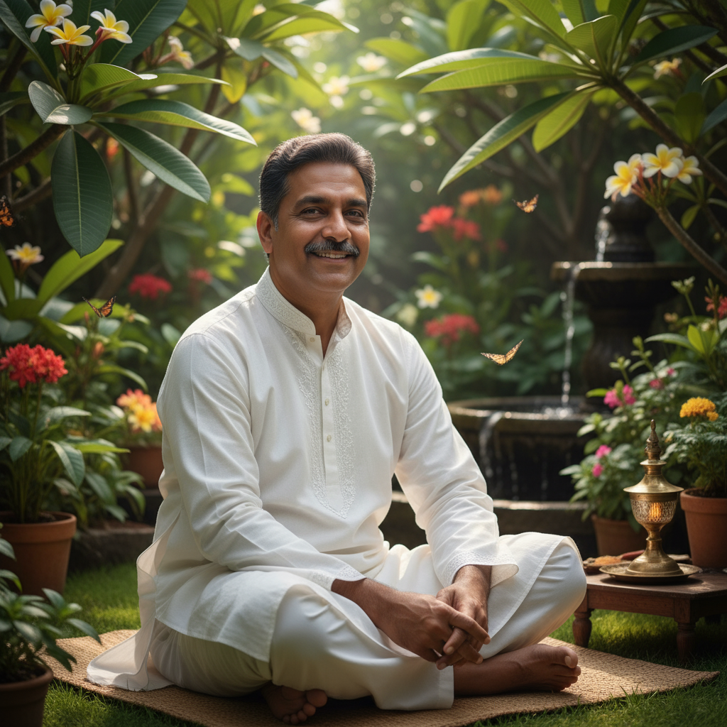 Middle-aged Indian man with gray beard wearing white kurta smiling warmly at camera