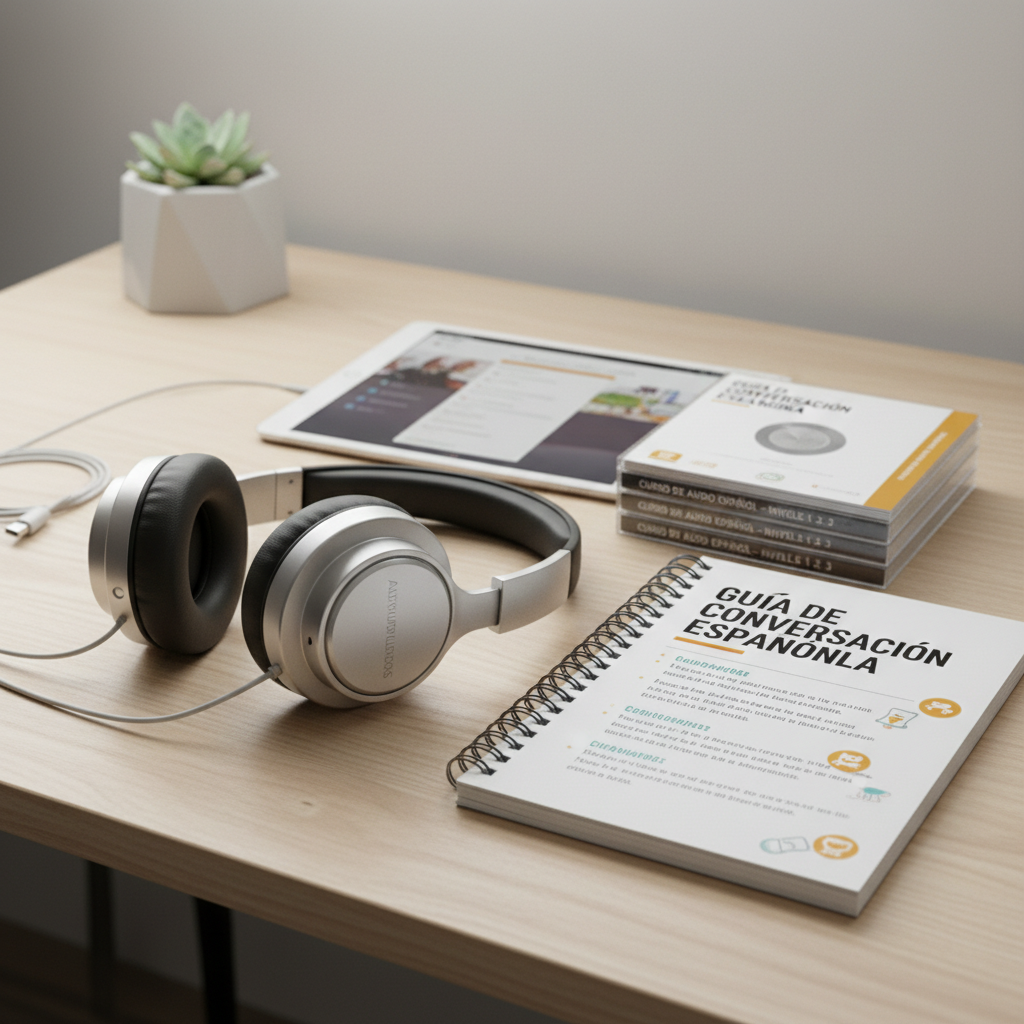 Professional tutor at a desk with Spanish learning materials