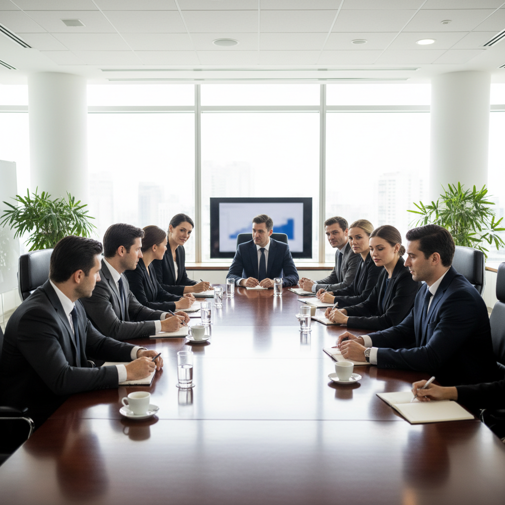 Professional food industry executives in a modern conference room, bright corporate environment, dark suits