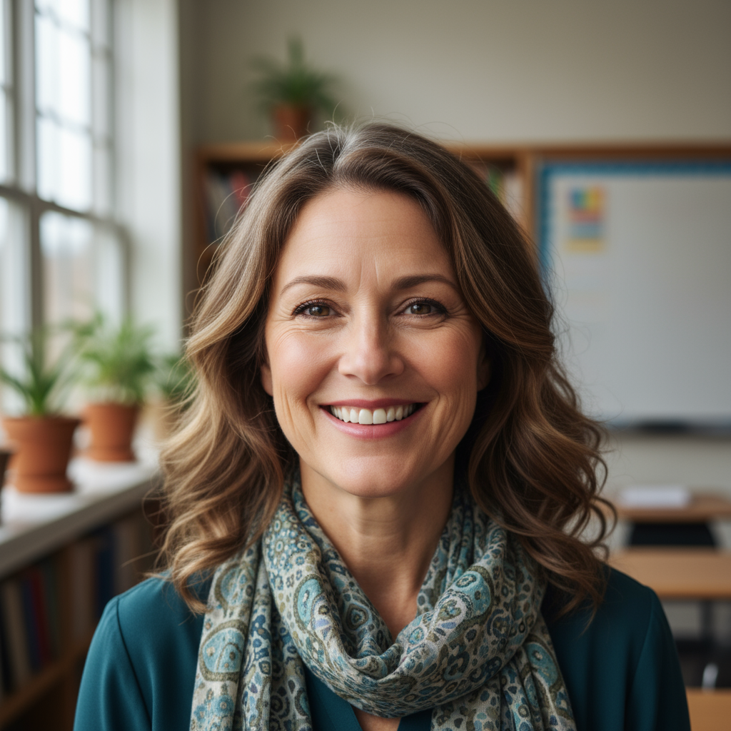 Female teacher portrait, professional attire, pleasant expression, academic setting